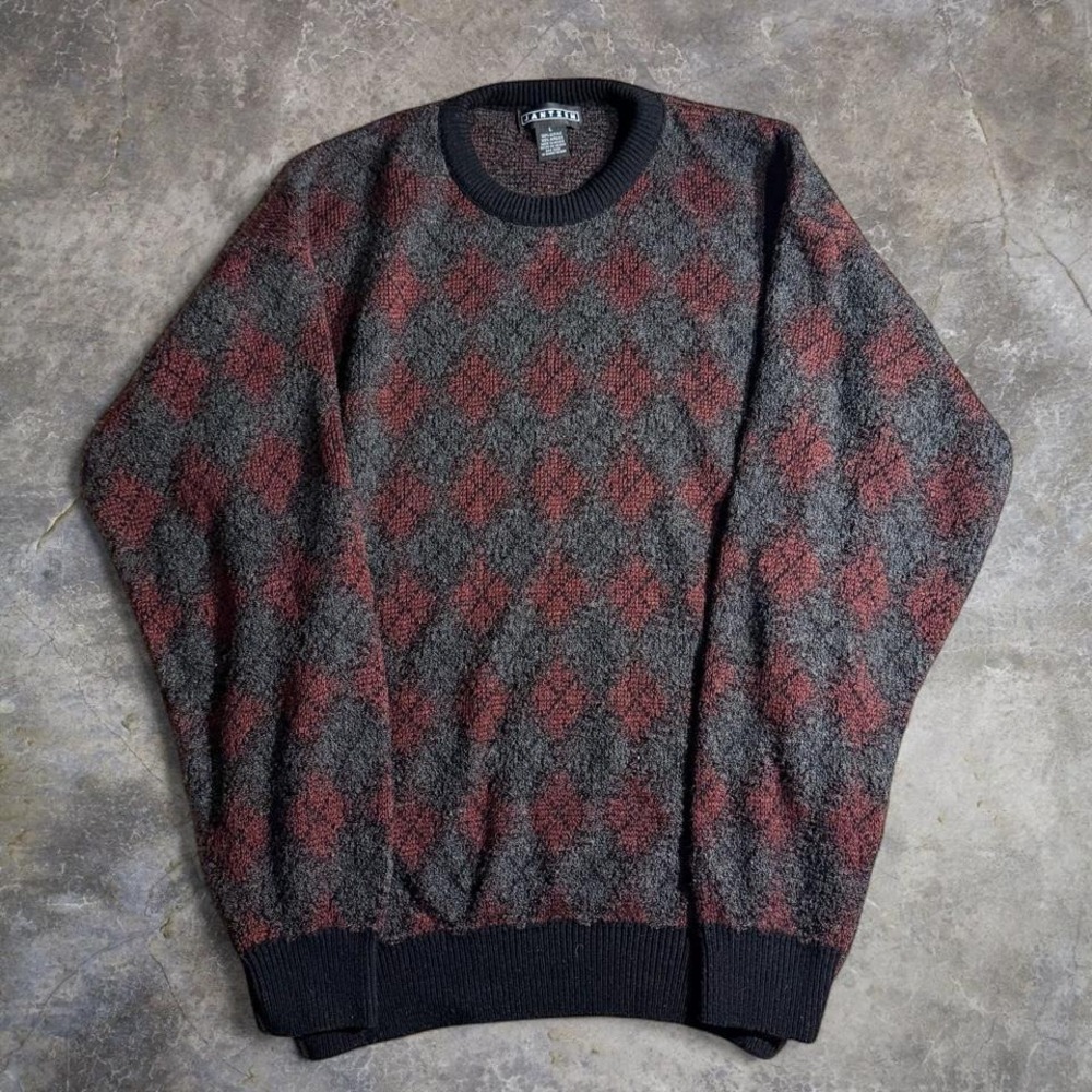 Vintage 90s Jantzen Argyle Pattern Sweater Black Burgundy Crewneck Knit Size‎ L